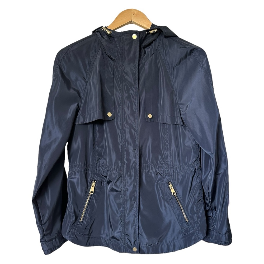 Zara Navy Blue Rain Jacket Hooded Full Zip Gold Tone Zippers & Snaps Size Medium - Picture 10 of 16